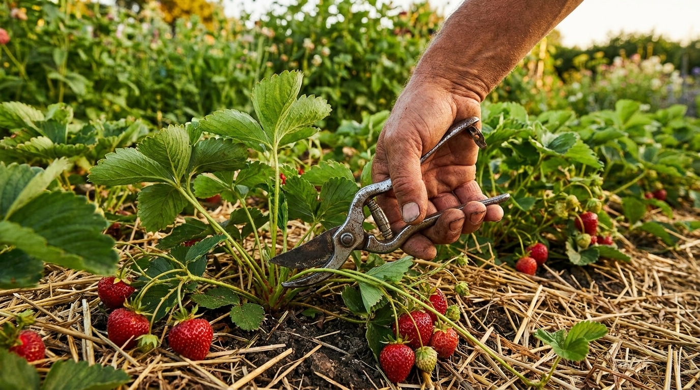 Main coupant un stolon de fraisier avec un sécateur