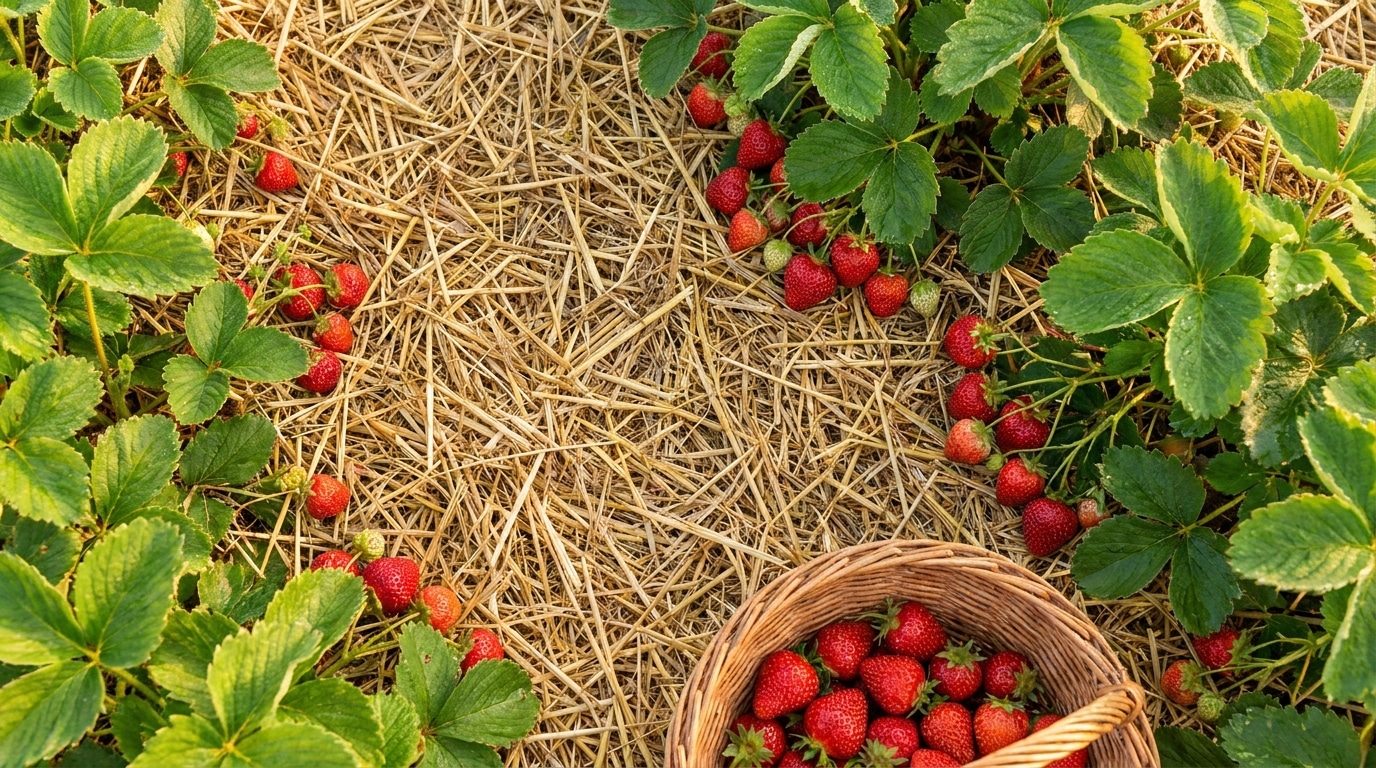 Fraises rouges sur paillage doré dans un potager