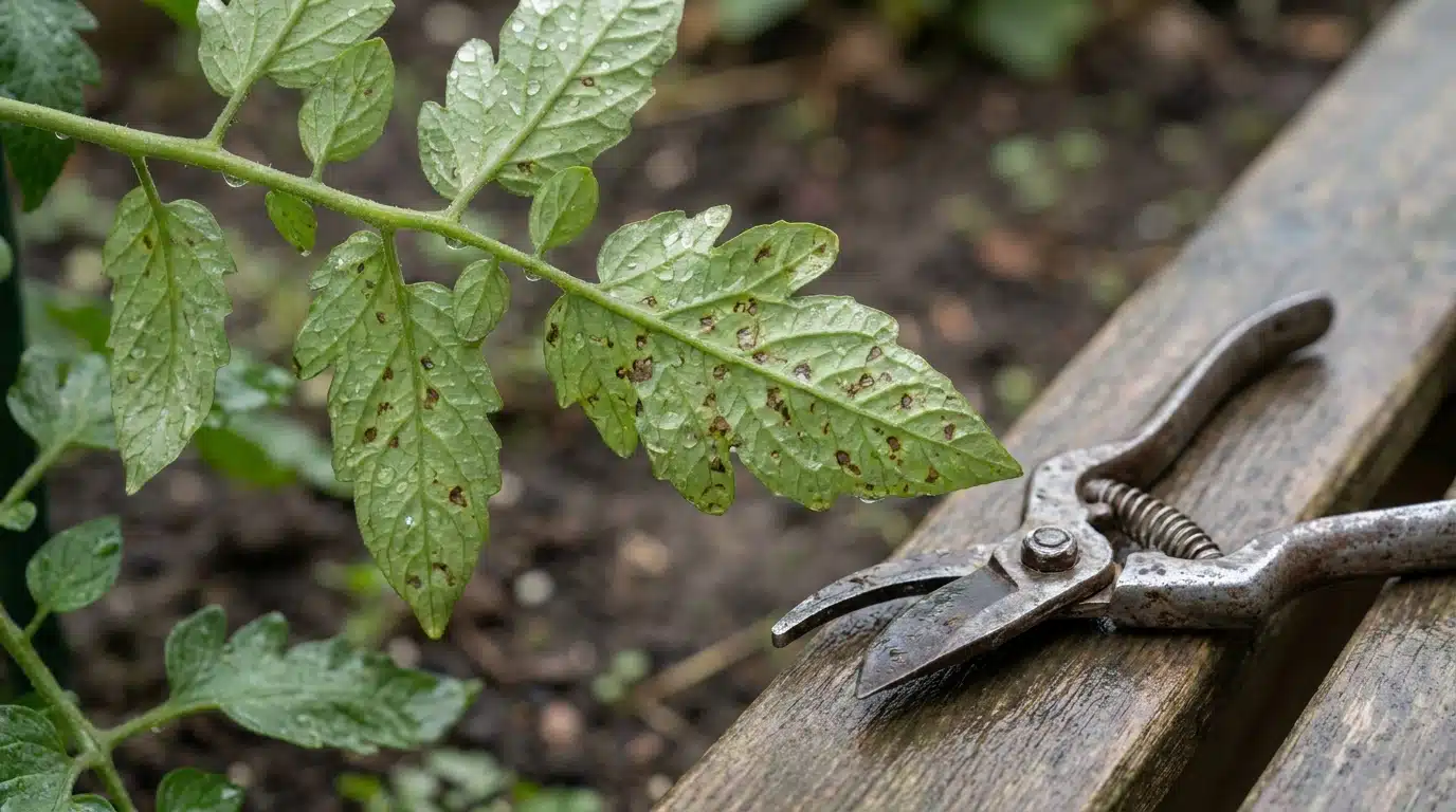 Feuilles de tomate avec taches de mildiou après la pluie