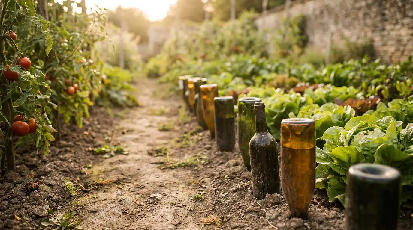 Bouteilles en verre retournées bordant une allée de potager