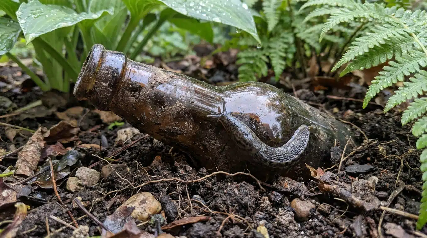 Limace rebroussant chemin devant un goulot de bouteille enterré