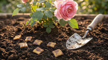 Morceaux de peau de banane au pied d'un rosier en fleur