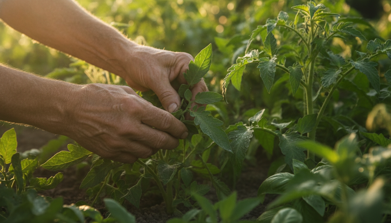 Mains d'un jardinier inspectant des feuilles de tomates en juin