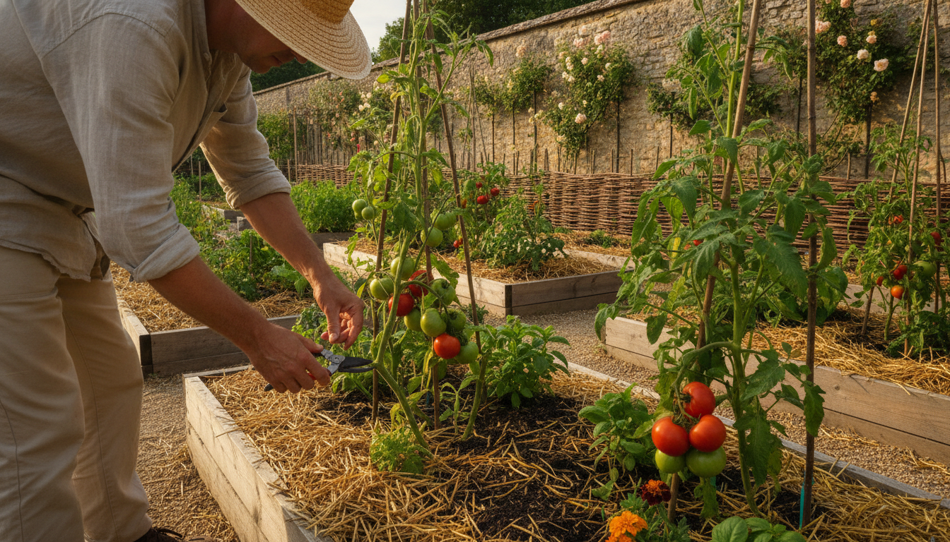 Effeuillage des feuilles basses d'un plant de tomate au sécateur