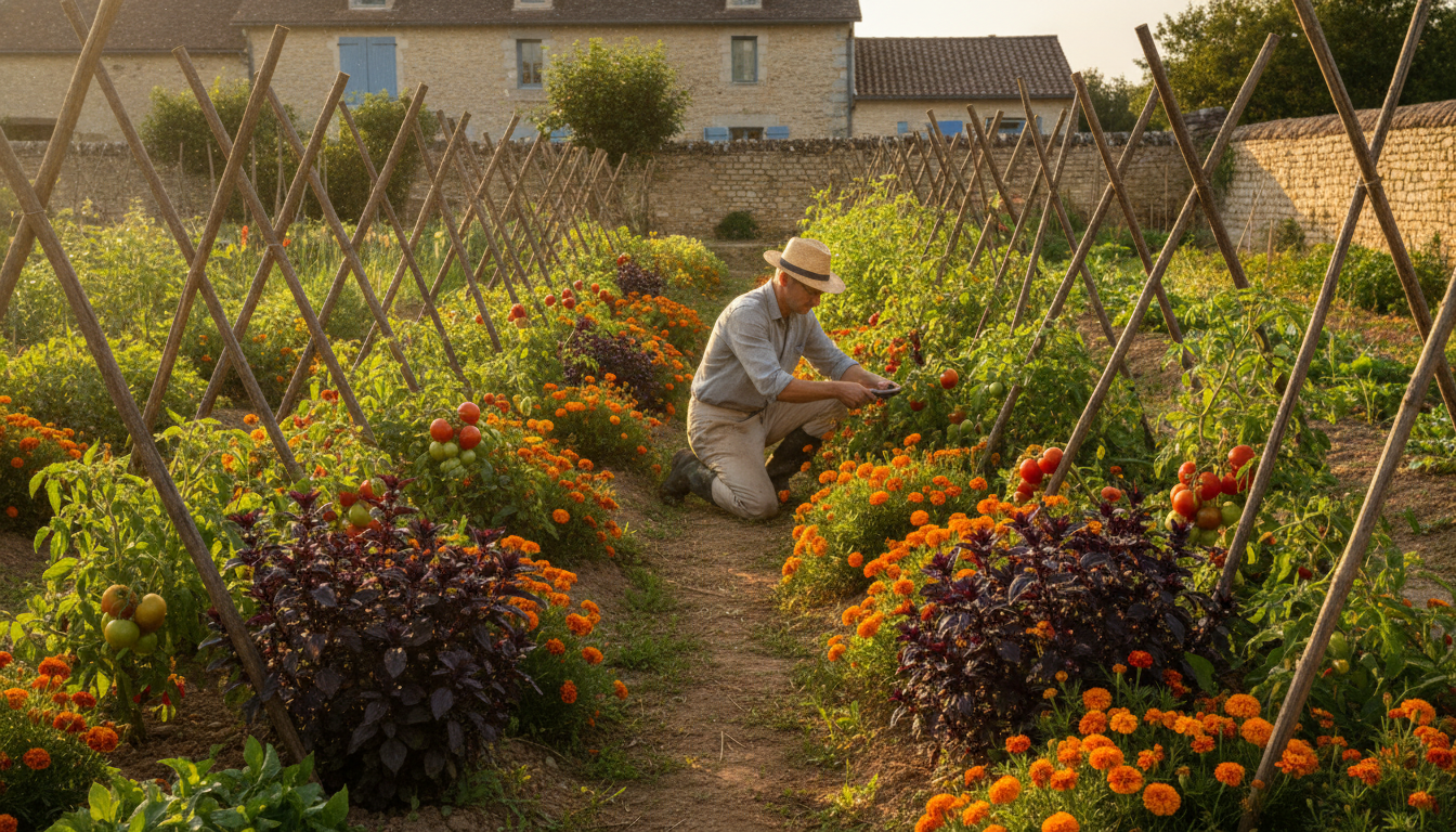 Tomates associées aux œillets d'Inde dans un potager traditionnel