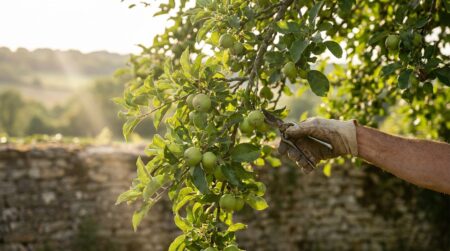 Main éclaircissant de petites pommes vertes sur une branche