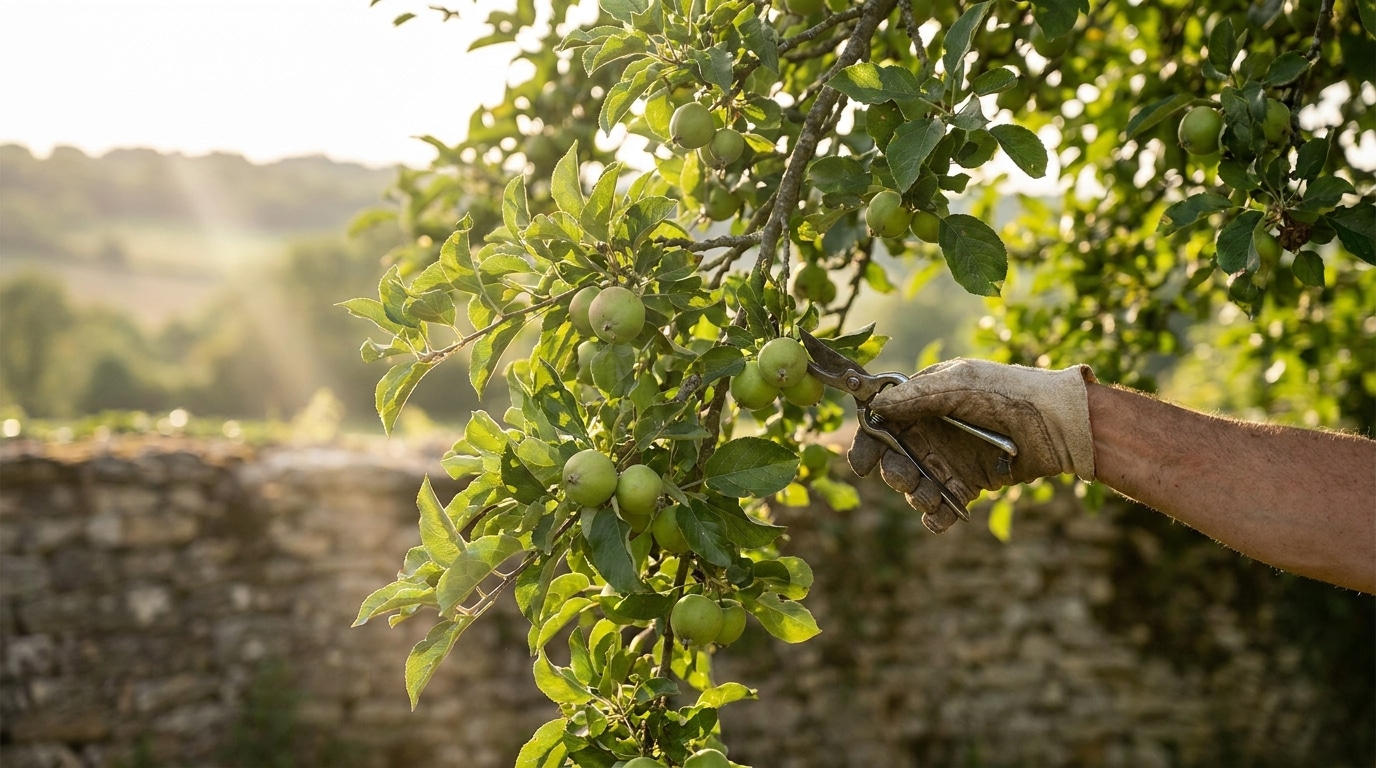 Main éclaircissant de petites pommes vertes sur une branche
