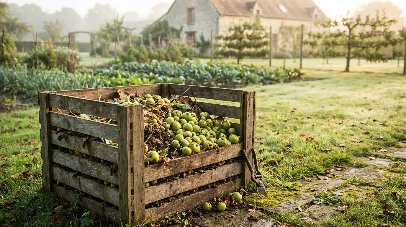 Petites pommes vertes dans un bac à compost au jardin
