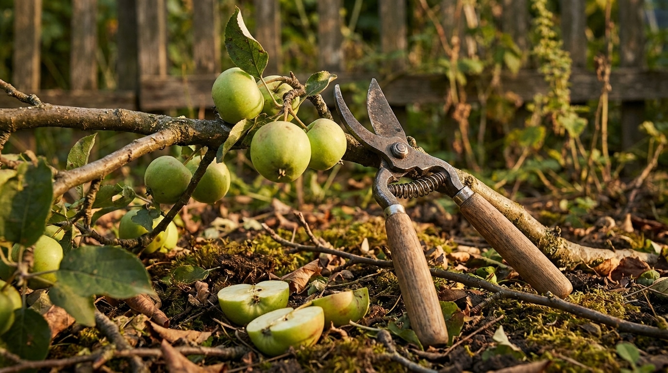 Sécateur et petites pommes vertes éclaircies au sol