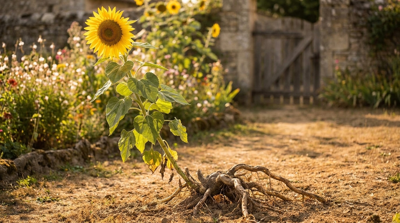 Tournesol penché avec racines superficielles visibles dans un jardin