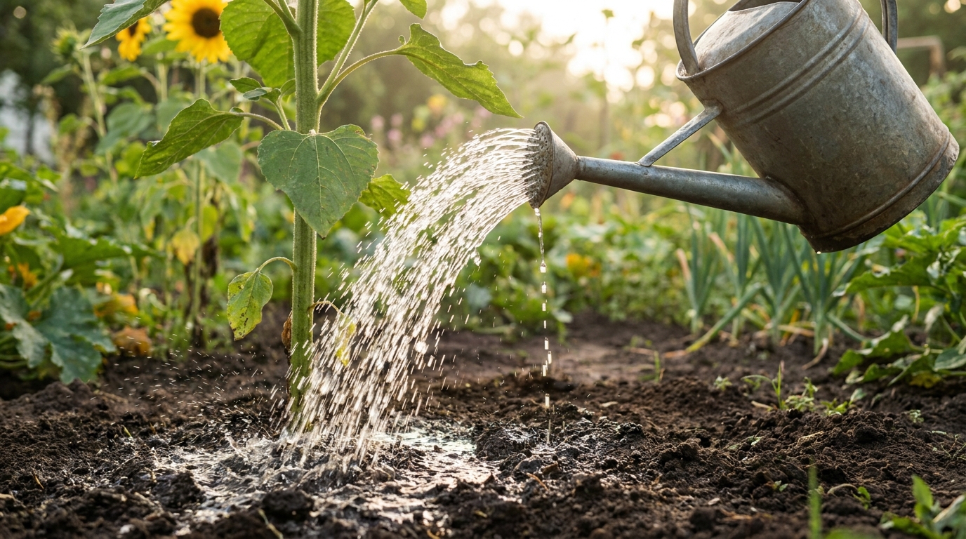 Arrosoir versant de l'eau abondamment au pied d'un tournesol