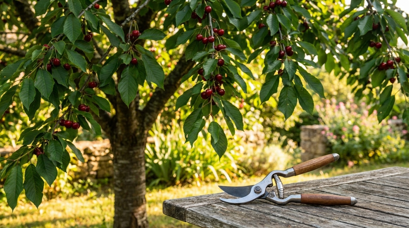 Cerisier en feuilles avec cerises rouges et sécateur sur table de jardin