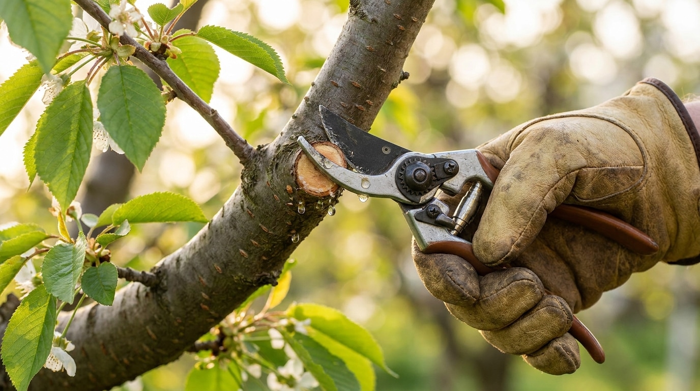 Main gantée taillant une branche de cerisier en été
