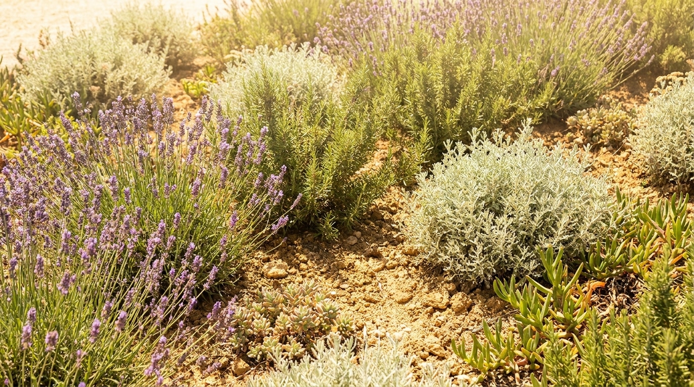 Massif méditerranéen de lavande romarin santoline et sedum en plein soleil