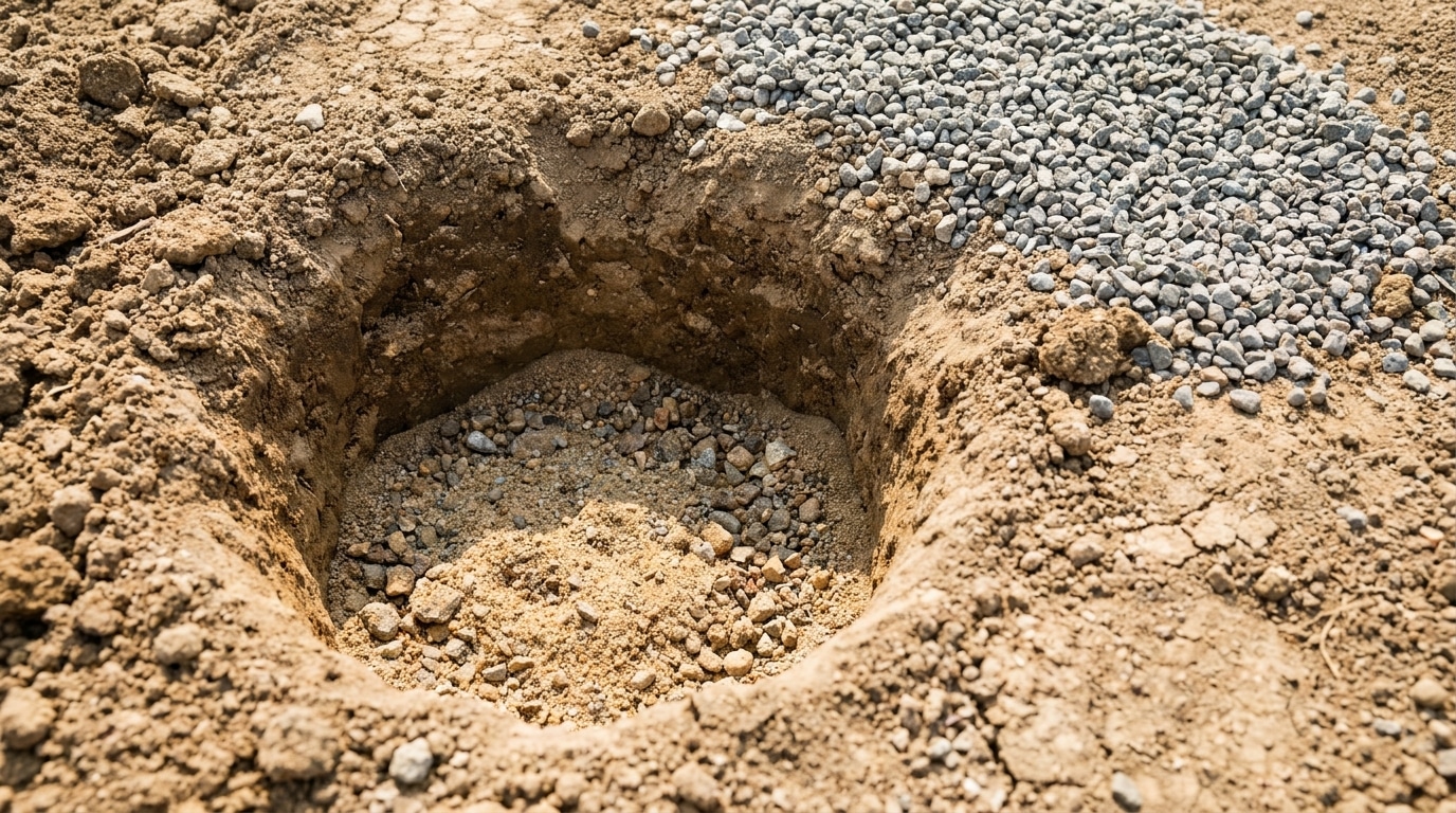 Trou de plantation avec sable et gravier dans un sol sec de jardin