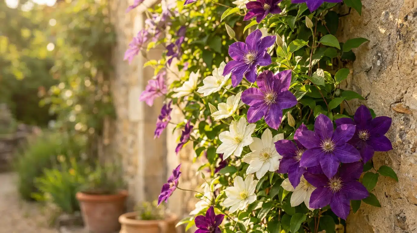 Clématite violette en fleurs grimpant sur un mur de pierre ensoleillé