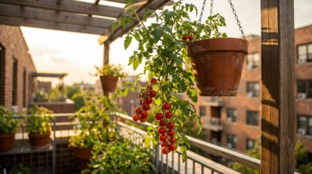 Plants de tomates cerises suspendus à l'envers sur un balcon ensoleillé