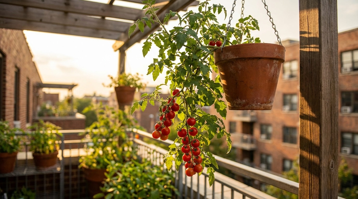Plants de tomates cerises suspendus à l'envers sur un balcon ensoleillé