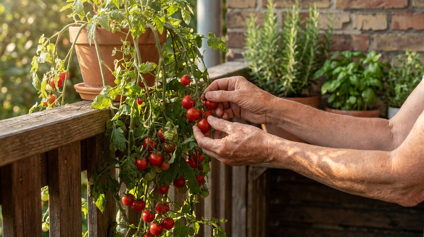 Mains cueillant des tomates cerises sur un plant inversé