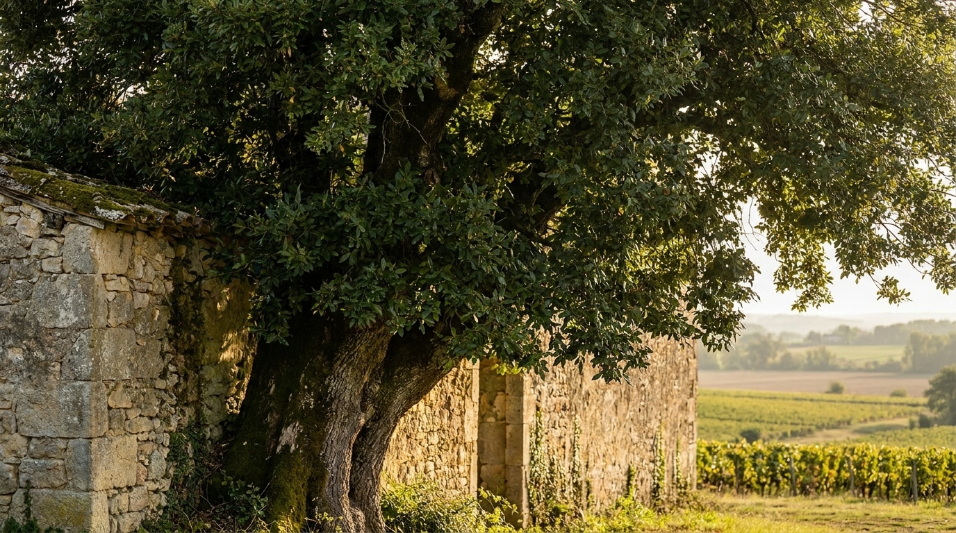 Laurier-sauce majestueux planté à l'angle d'une vieille maison en pierre