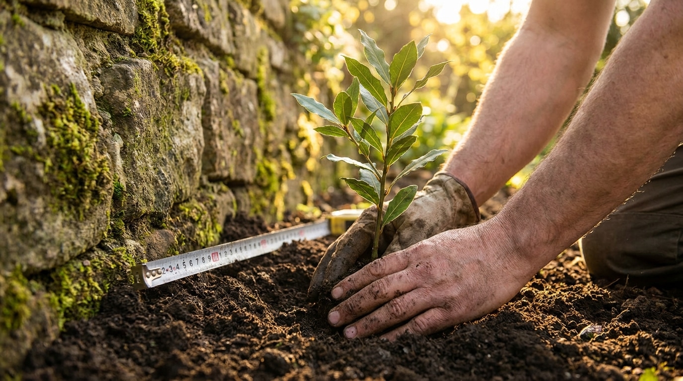 Mains plantant un jeune laurier à distance mesurée d'un mur ancien