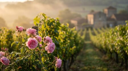 Rosier en fleurs au bout d'un rang de vigne