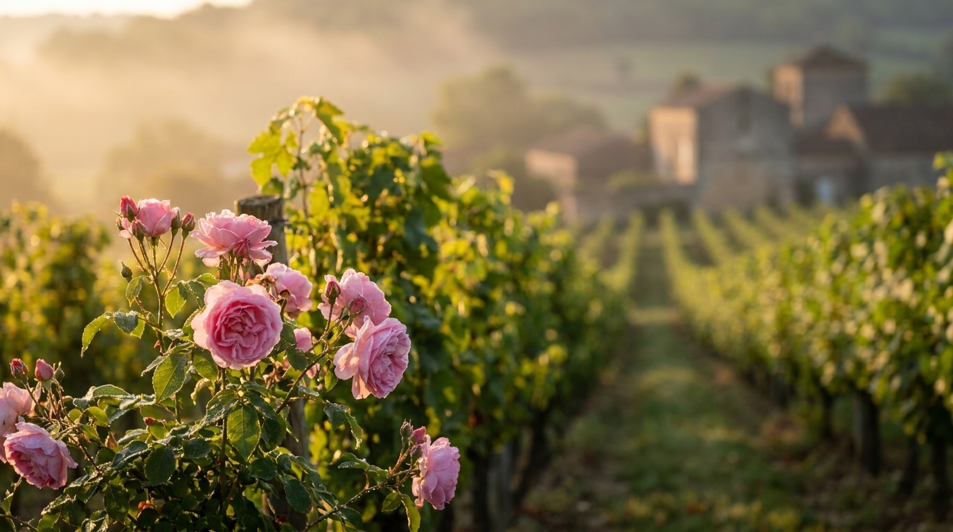 Rosier en fleurs au bout d'un rang de vigne