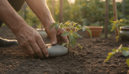 Mains d'un jardinier posant une pierre plate au pied d'un plant de tomate