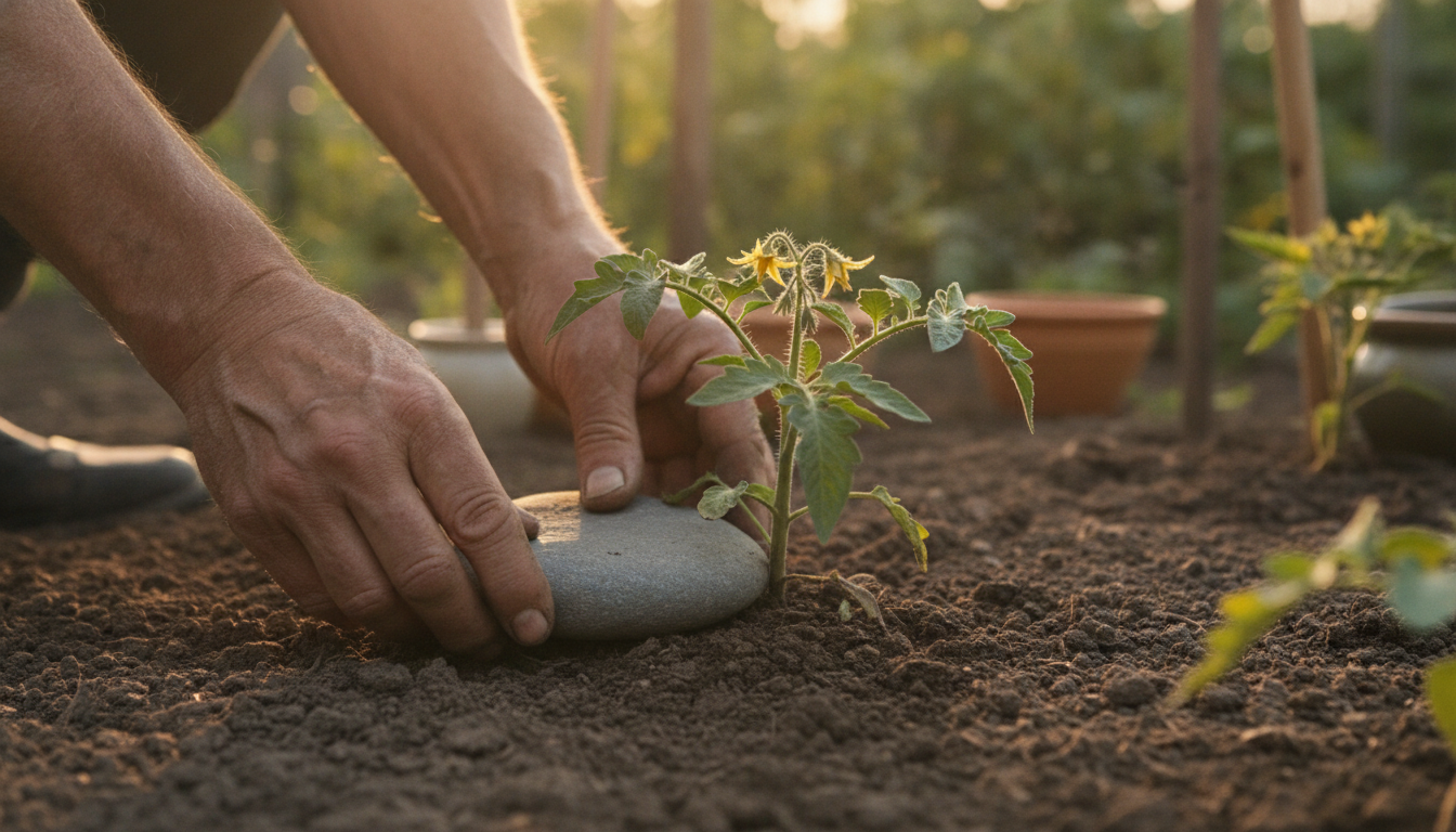 Mains d'un jardinier posant une pierre plate au pied d'un plant de tomate