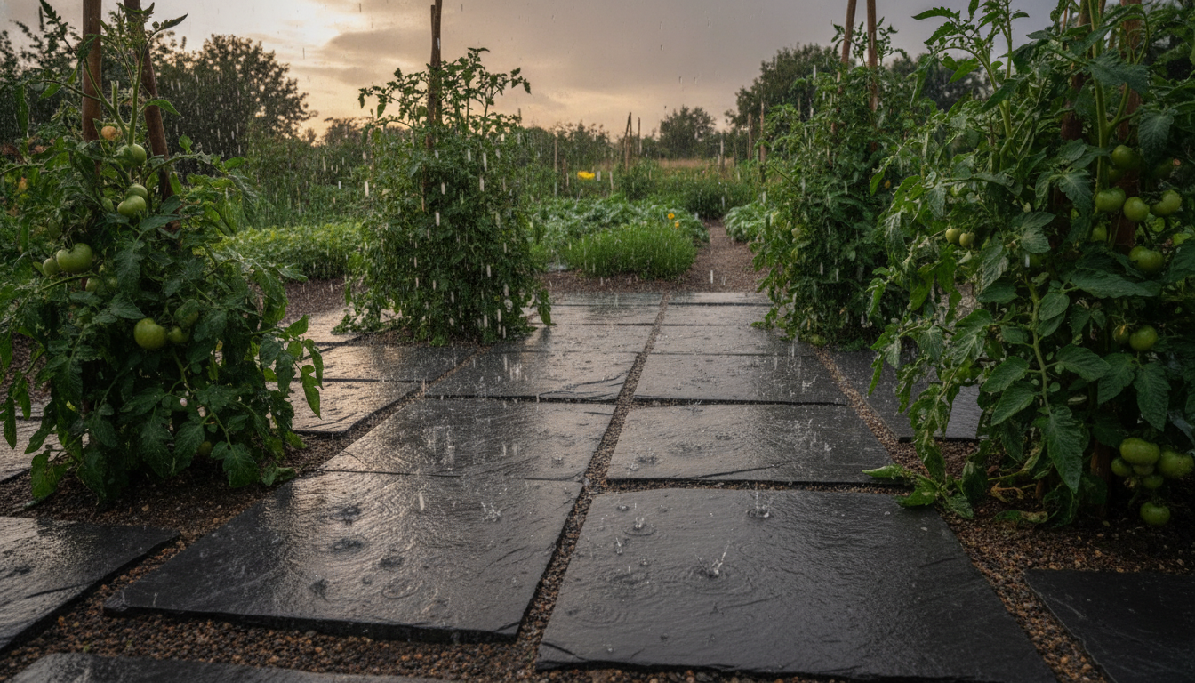 Pluie tombant sur des ardoises au pied de plants de tomates sans éclaboussures