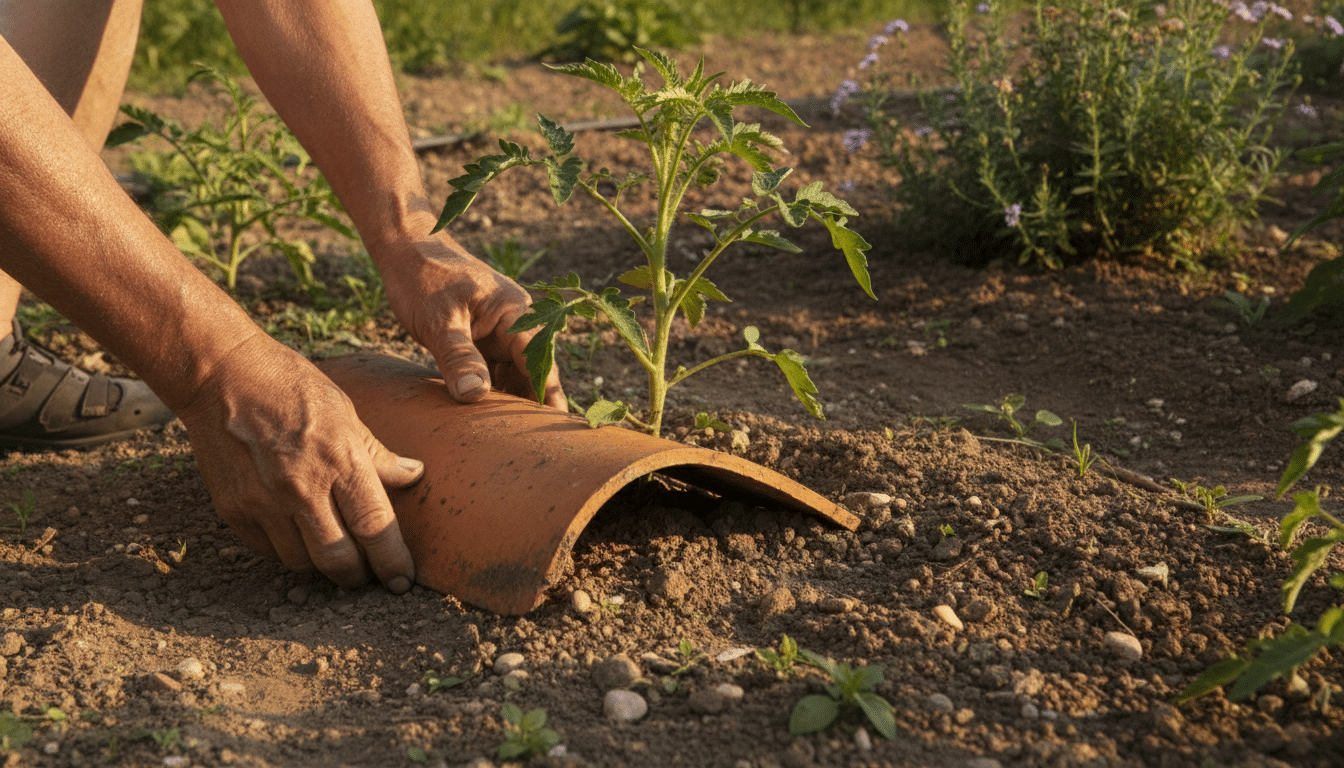Jardinier posant une tuile en terre cuite au pied d'un plant de tomate