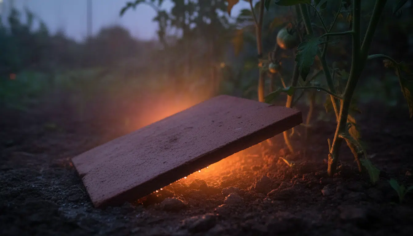 Tuile en terre cuite restituant la chaleur au sol du potager la nuit