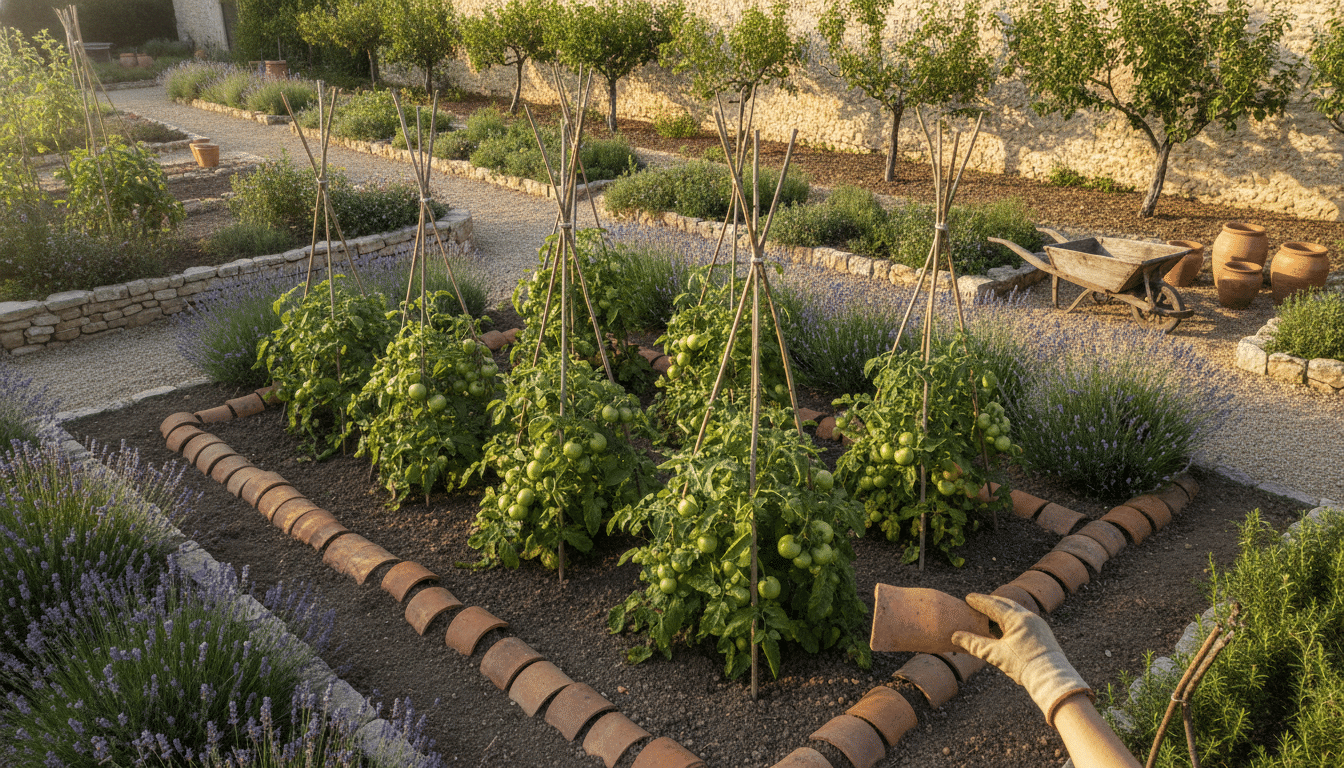 Tuiles canal disposées autour de plants de tomates dans un potager