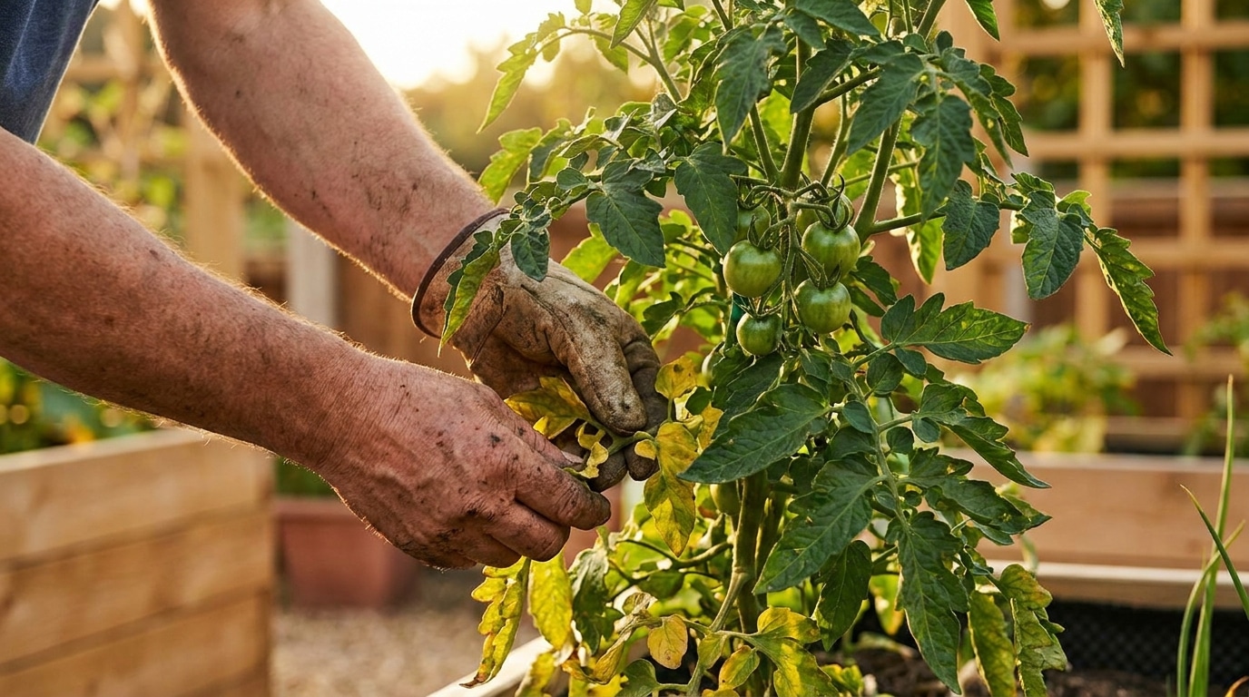 Mains retirant des feuilles sous une grappe de tomates vertes