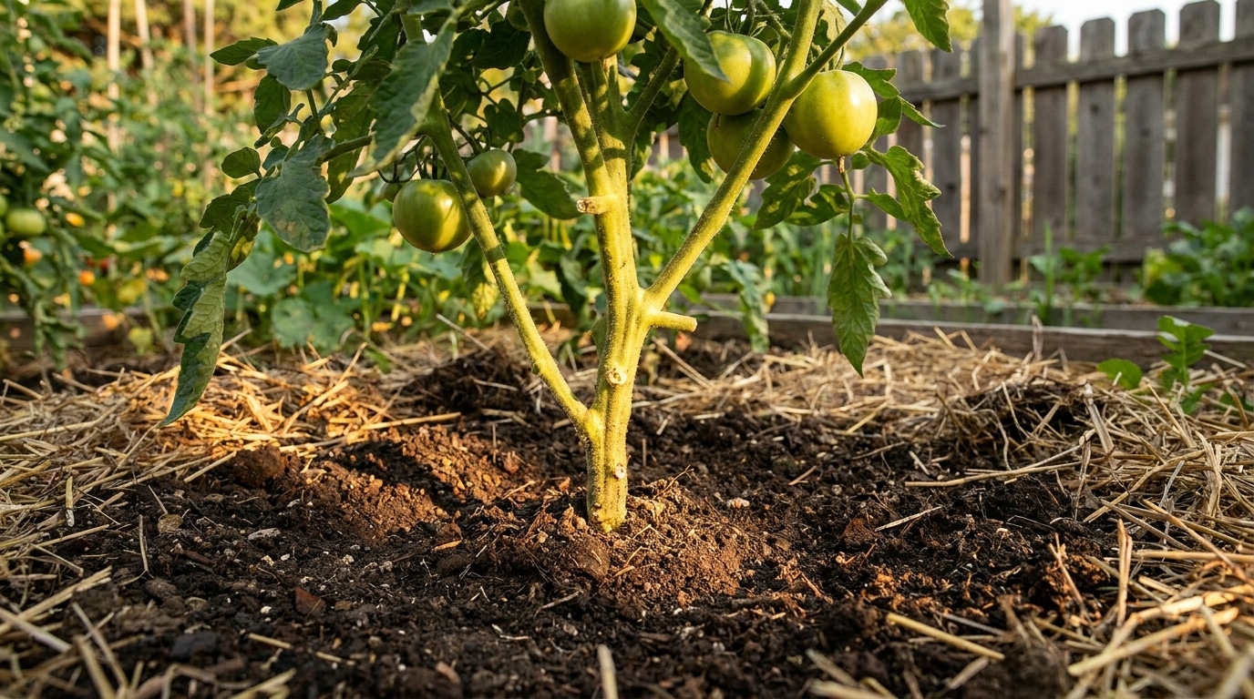 Base dégagée d'un plant de tomates au soleil
