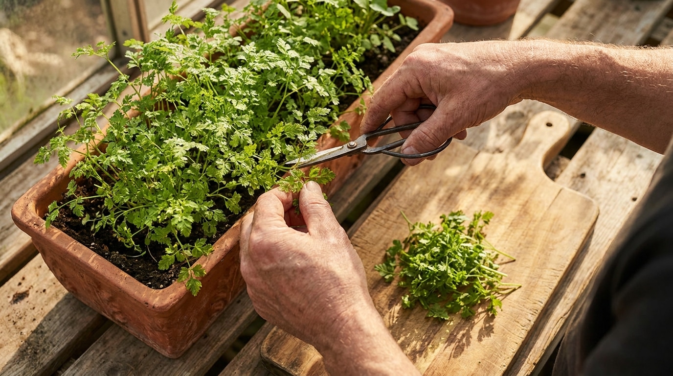 Mains coupant des brins de cerfeuil aux ciseaux dans un potager