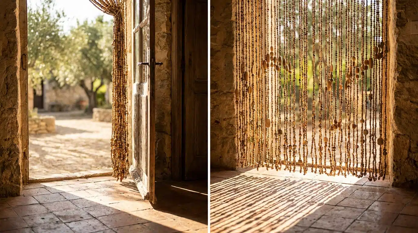 Rideau de perles en bois dans une porte de maison provençale ensoleillée