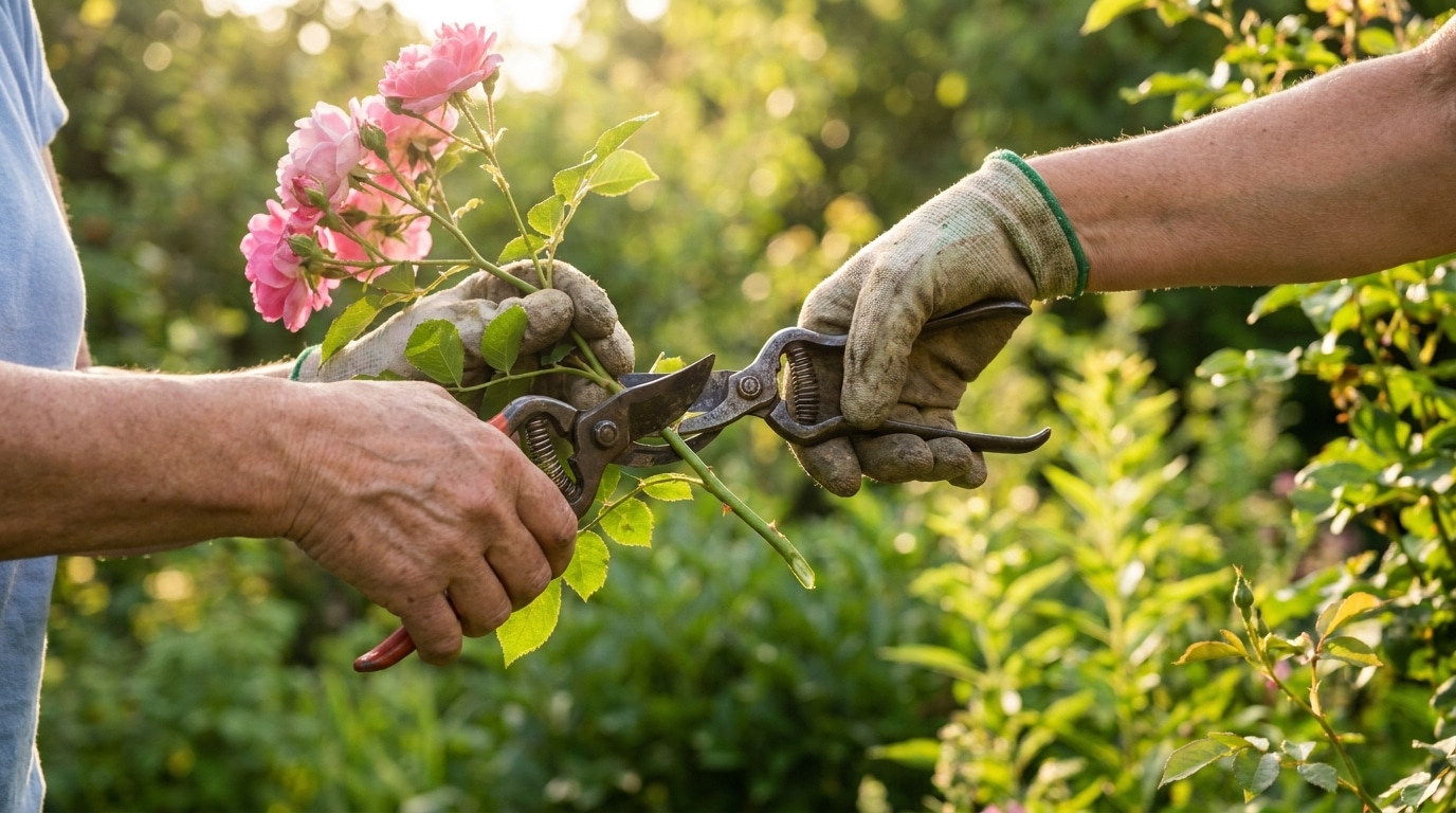 Mains tenant un sécateur taillant un arbuste fleuri en été