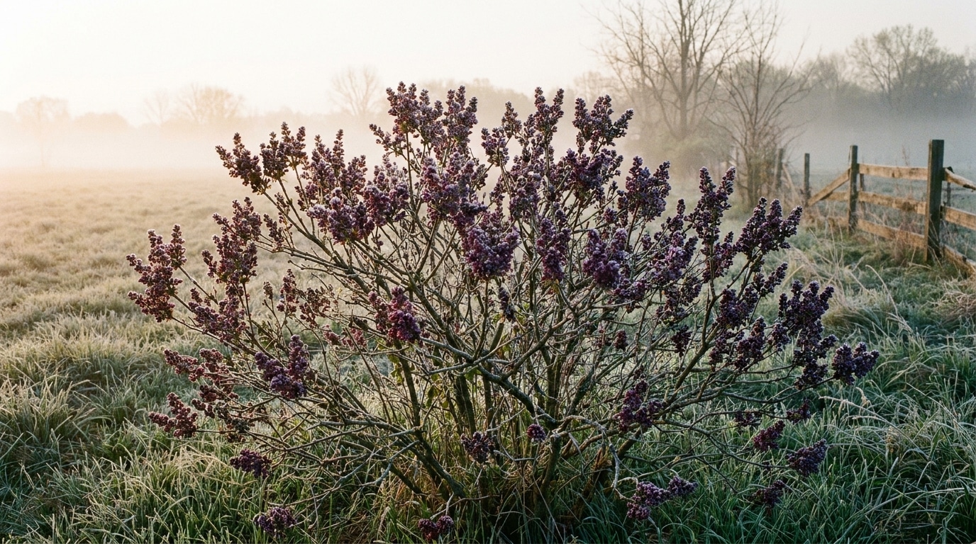Lilas couvert de bourgeons violets en fin d'hiver