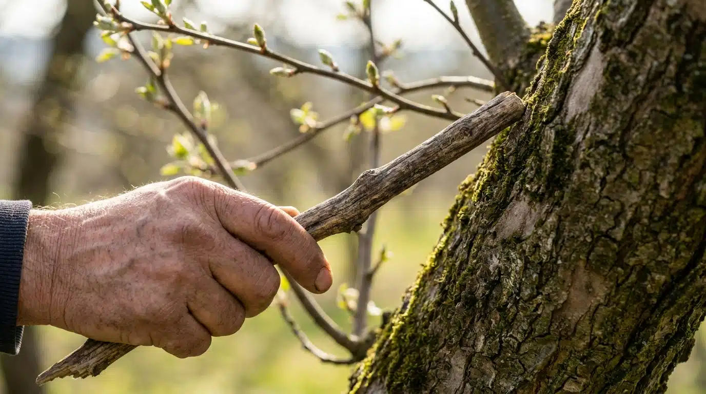 Main tapant doucement le tronc d'un arbre fruitier