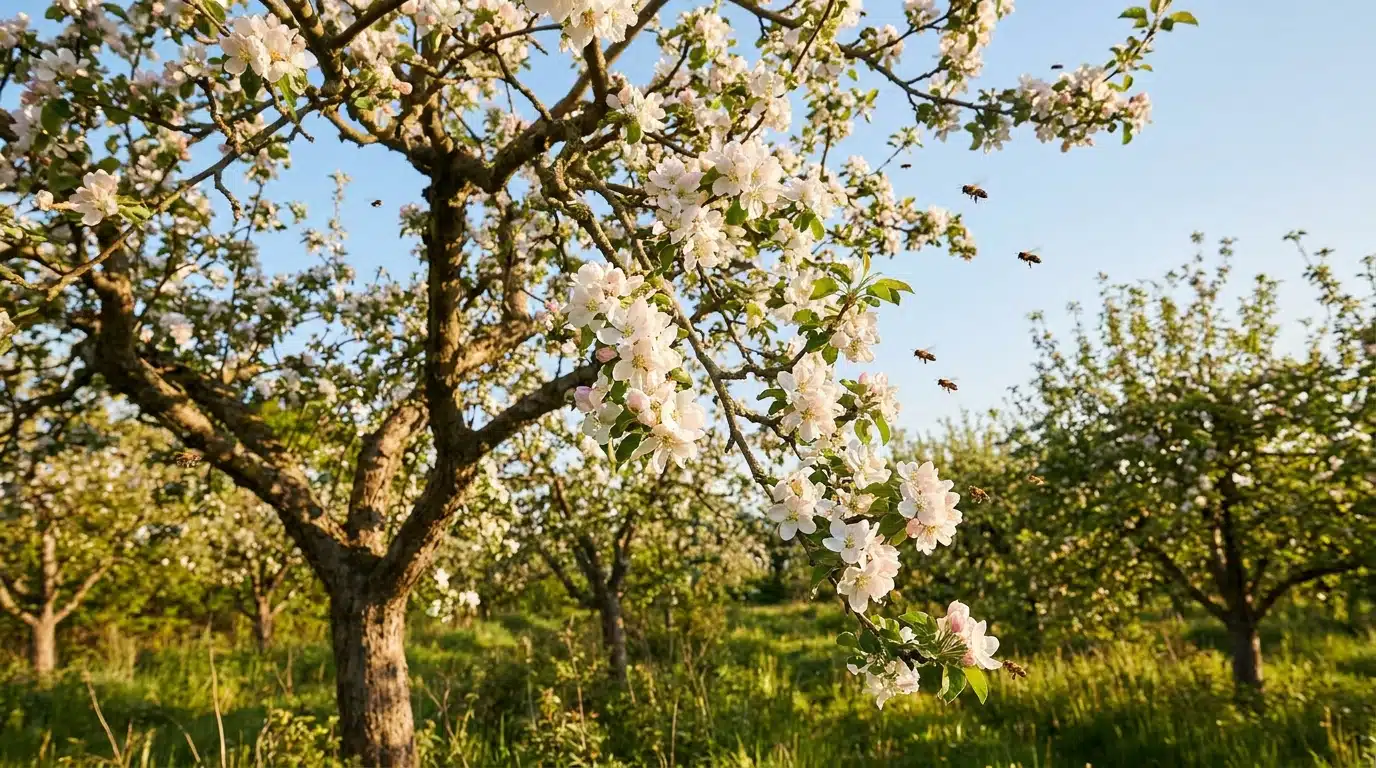 Pommier en pleine floraison blanche et rose au printemps