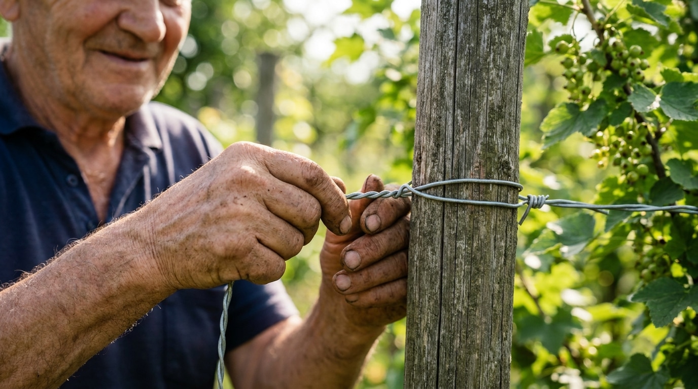 Mains de jardinier fixant un fil de fer sur un piquet en bois