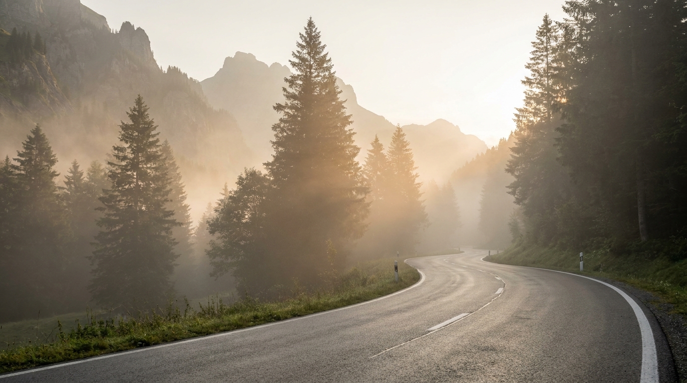 Route de montagne suisse dans la brume au petit matin, évoquant le voyage vers une clinique de fin de vie