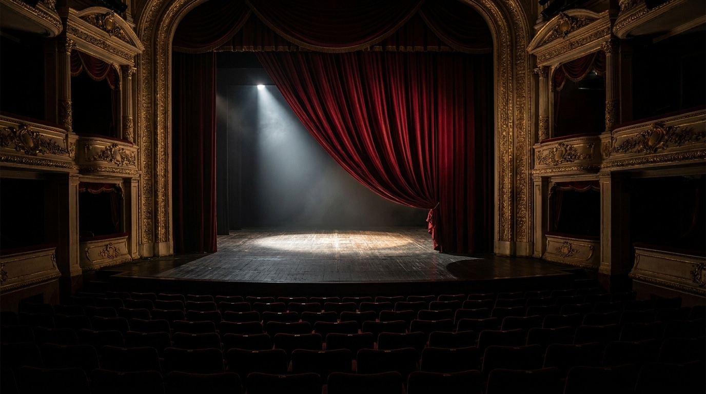 Scène de théâtre vide avec rideau rouge à moitié fermé et projecteur solitaire