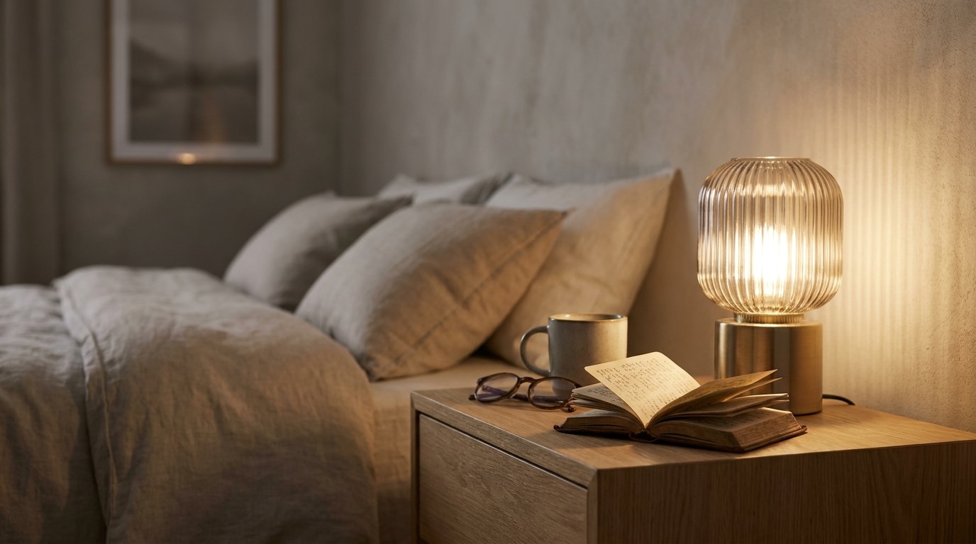 Livre de prière ouvert sur une table de nuit éclairée dans une chambre moderne