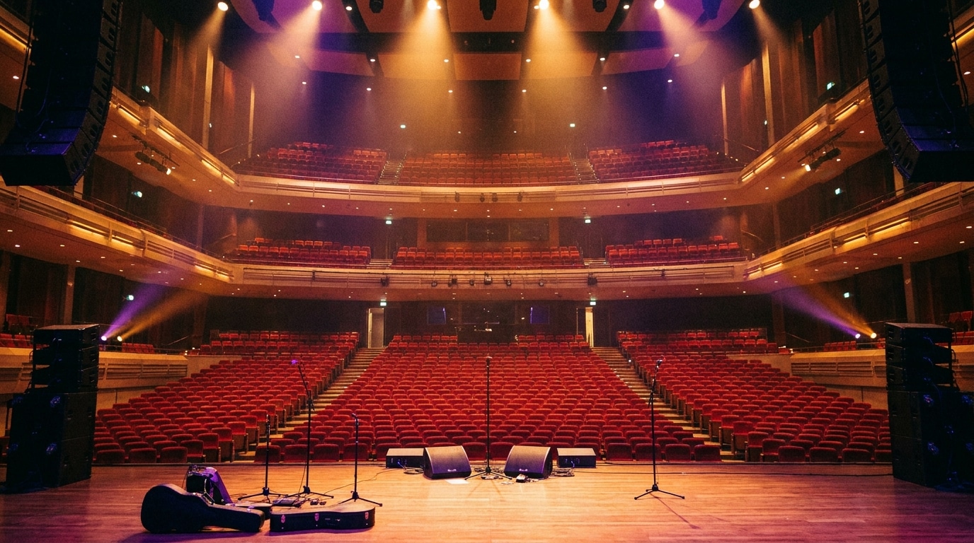 Grande salle de concert vide vue depuis la scène illuminée