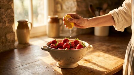 Fraises dans une passoire arrosées de jus de citron