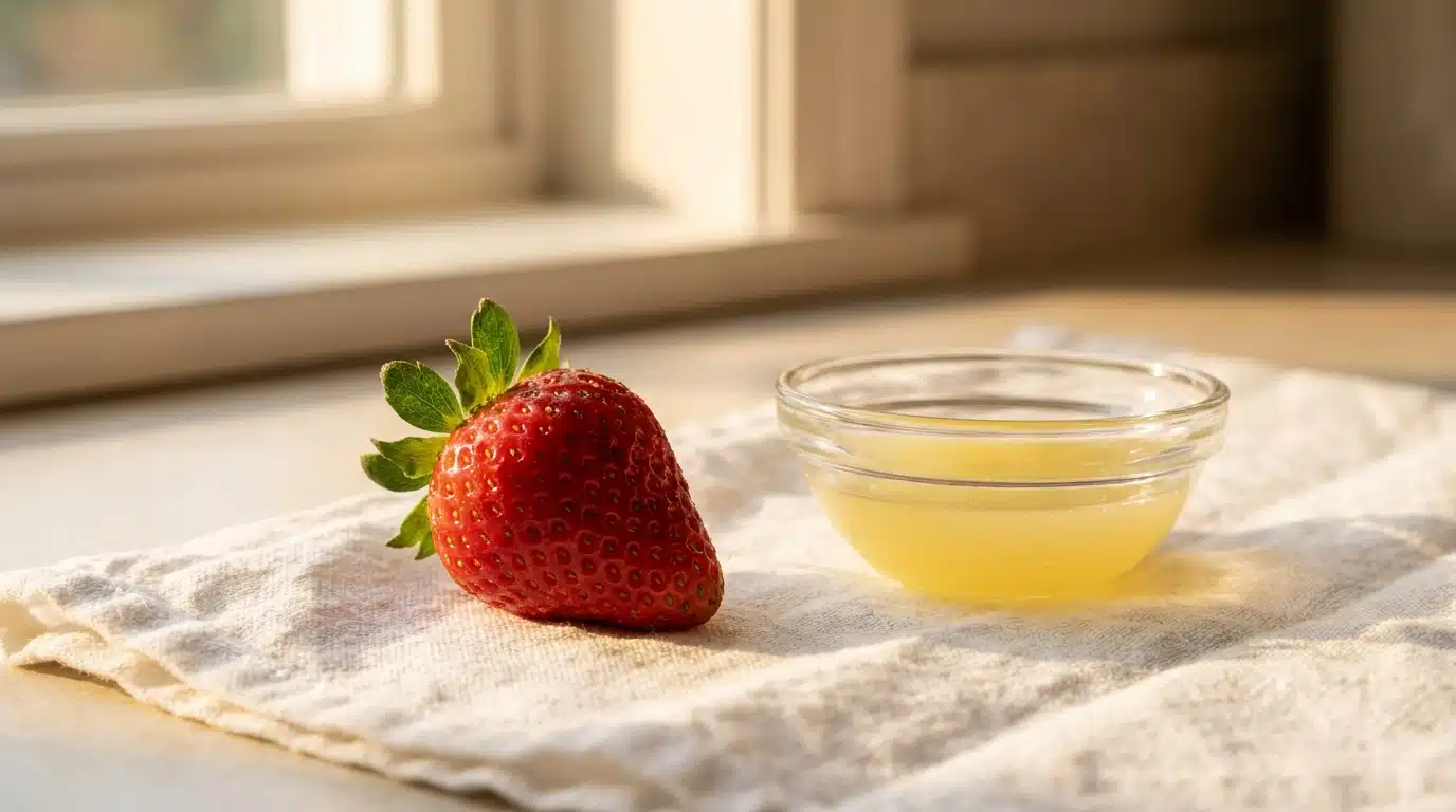 Fraise entière avec pédoncule posée sur un linge blanc