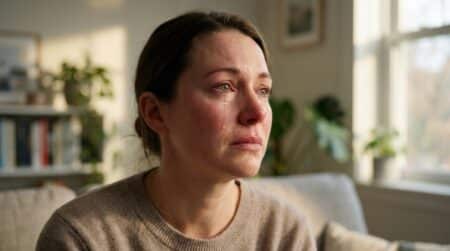 Visage ému d'une femme les yeux brillants de larmes