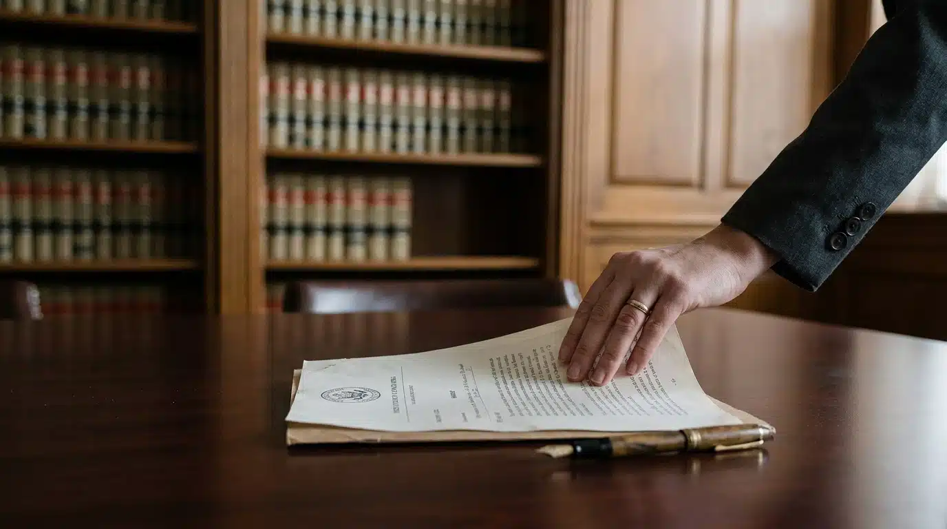 Main posant un document juridique sur un bureau en bois